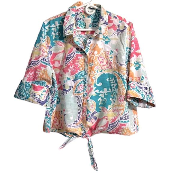 Chico's Tops - Chico’s Tie Waist Colorful No Iron Top Shirt Blouse 3 XL 16 Button Up Floral